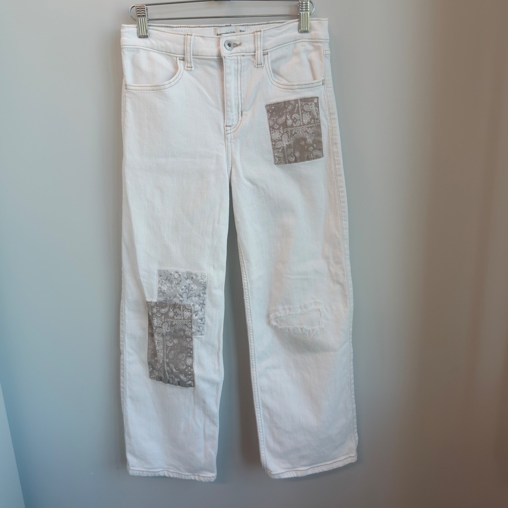 Abercrombie Kids Wide Leg Jeans Girls 15/16 White Excellent Patchwork Distressed